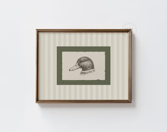 Stampa artistica da parete con testa d'anatra, schizzo ornitologico antico, decorazione rustica con animali selvatici, download digitale n. 1139