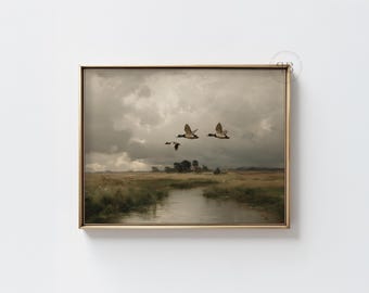 Flying Mallard Ducks Over Marsh, Wildlife Landscape Oil Painting Printable, Rustic Lodge Wall Art Digital Download, No.745