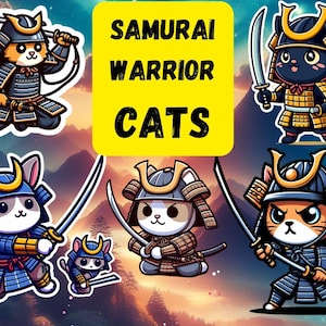 Samurai Warrior Cat Clipart Collection, 85 PNG Bundle file Sticker, Instant Download, Commercial Use
