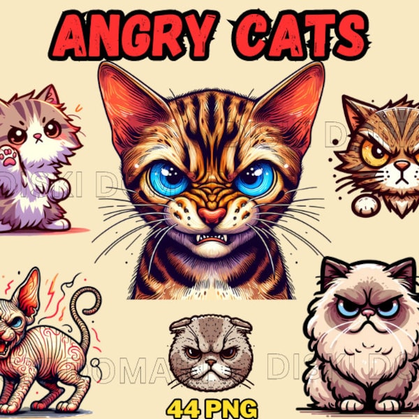 ANGRY CATS Clipart - Angry Cat Collection - 44 PNG Files - Instant Download - Grumpy Cat