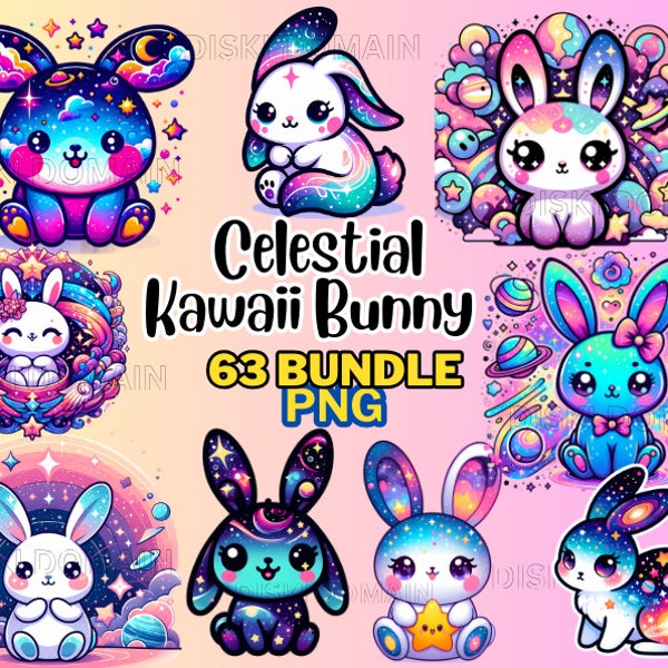 Kawaii Bunny Clipart - Celestial Kawaii Bunnies - PNG- Instant Download - Cute and colorful Bunny Clipart 63 PNG Bundle plus 17 Bonus