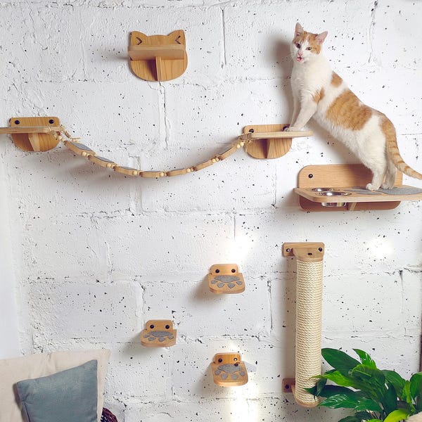 Luxury Cat Wall Furniture Set Oak Veneer Felt Cat Shelves, Wall-Mounted Scratching Post, Bridge & Feeding Station Modern Cat Architecture