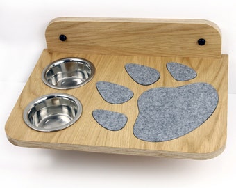 Handcrafted Oak Veneered Wall-Mounted Cat Feeder with 2 Stainless Steel Bowls for Food and Water, Natural Beeswax Finish