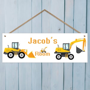 Personalized Room Sign with Childs Name - excavator. Gloss Acrylic Wall Art. Baby, Toddler, Infant Bedroom.