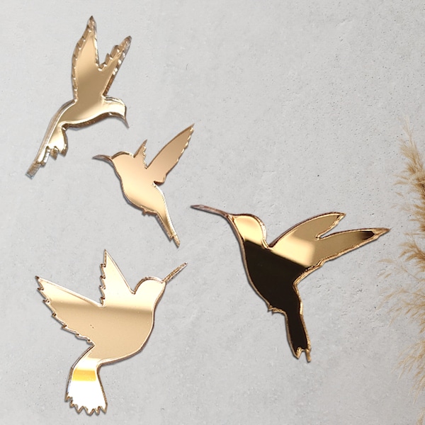 4 x décoration murale colibri, art mural, décoration murale géométrique colibri, 3D minimaliste élégant colibri miroir mural suspendu