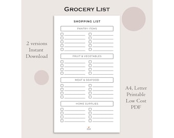 May include: A printable grocery list with sections for pantry items, fruits & vegetables, meat & seafood, and home supplies. The list is available in two versions and is an instant download. The text "Grocery List" is at the top.
