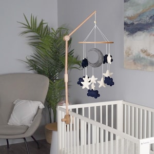 Baby Mobile for Crib - Handmade Nursery Mobile - Boho Crib Mobile for Baby Boy or Girl - Moon, Stars and Clouds