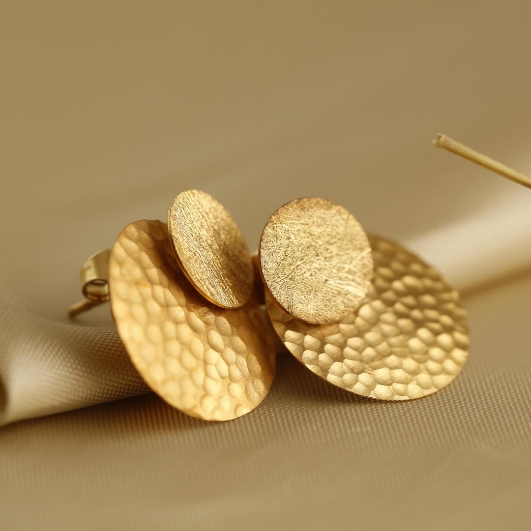 Earring Design Rounded Hammered Gold Round Stud Earrings, Double-sided Round Earrings, Disc ...