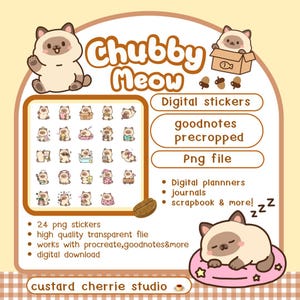 Chubby meow Cute Digital Stickers ,24 Cute Chubby Cat Stickers PNG | Goodnotes Stickers | Hand Drawn Digital Planner Stickers | Kawaii Cat