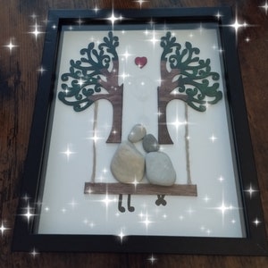Glass frame with Durance pebbles/wood, scene of life/family/love. Christmas, birthday, Valentine's Day, Mother's Day/Father's Day/Grandmother's Day gift