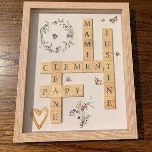 Marco de cristal familiar de Scrabble personalizado. Idea de regalo para Navidad, San Valentín, cumpleaños, día de la madre, día del padre, día de la abuela, nacimiento.