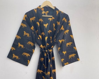 Handtryckt bomulls-kimono-morgonrock: Tigermönster, sommarklänning i bohemisk stil