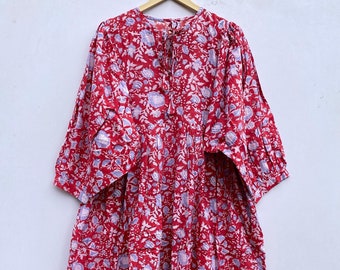 Handmade Floral Cotton Midi Dress: Red  Block Printed Summer Dress