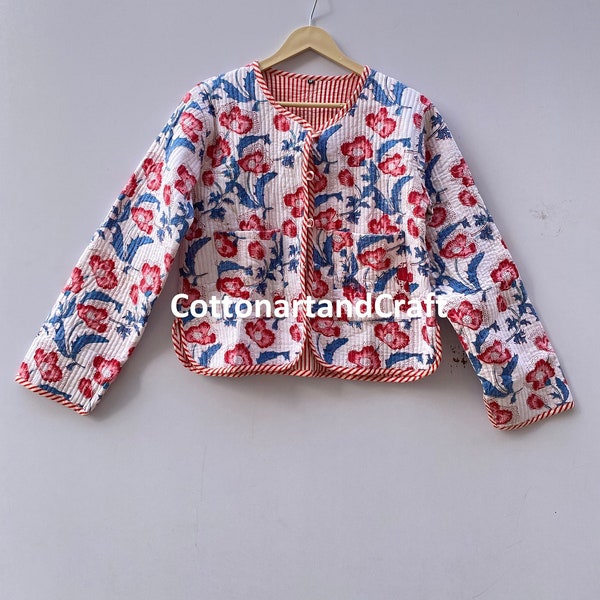 Floral Print Jacket 100% Cotton Jacket Handmade Quilted Short Jacket Women's Coat Gifts For Her