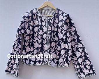 Quilted Jacket Floral Printed Boho Style Cotton Reversible Handmade Jackets, Coat Holidays Gifts Button Closer Jacket Women Gift