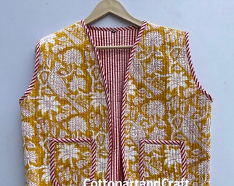 Handmade Cotton Quilted Short Jacket: Yellow  Floral Print  Waist Stylish Vest