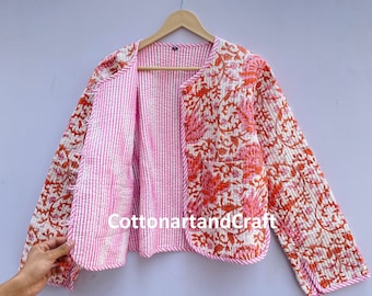 Floral Printed Reversible Handmade Jackets, Holidays Gifts Button Closer Jacket Women&#39;s Gift Cotton Jacket Indian Jacket Quilted Jacket