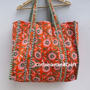 Bolsa hecha a mano Bolsa de mano Bolsa de algodón Estampado floral Bolsa estampada a mano Ecológica Sostenible Resistente Bolsa de compras para comestibles