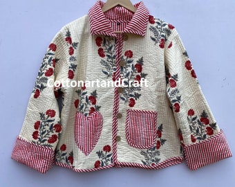 Hand Block Print Jacket Indian Coat Jacket Quilted Jacket Partywear Short Jacket Collar Jacket Women&#39;s Coat Fashion Jacket Indian Jacket