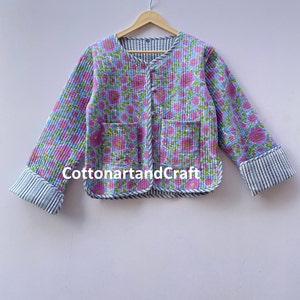 Veste matelassée en coton pour femmes, imprimée en bloc, style bohème, vestes matelassées faites main, manteau cadeaux de vacances veste plus boutonnée pour femme cadeaux