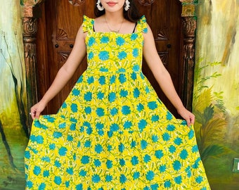 Floral Block Print Cotton Dress -Yellow Handmade Indian Summer Dress
