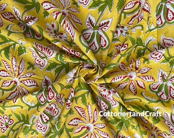 Hand Block Print Cotton Fabric: Yellow Floral Voile, 44" Wide