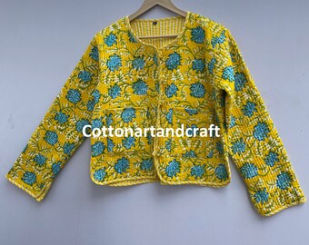 Handmade Quilted Cotton Jacket: Yellow Floral Print Short Stylish Jacket