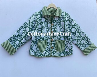 Handmade Block Print Cotton Quilted Jacket:  Green White Floral Partywear Short Jacket