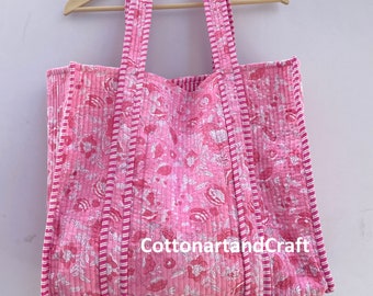 Handmade Quilted Cotton Tote Bag: Block Print Shopping Bag