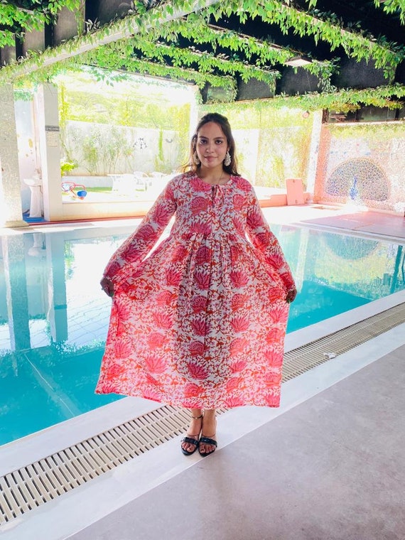 indian cotton voile dresses Hand Block Print Cotton Dress, Pink Indian Voile Fabric Summer Wear