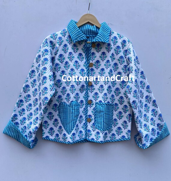 ブロックプリントコットンキルティングハンドメイドジャケット：ブルー