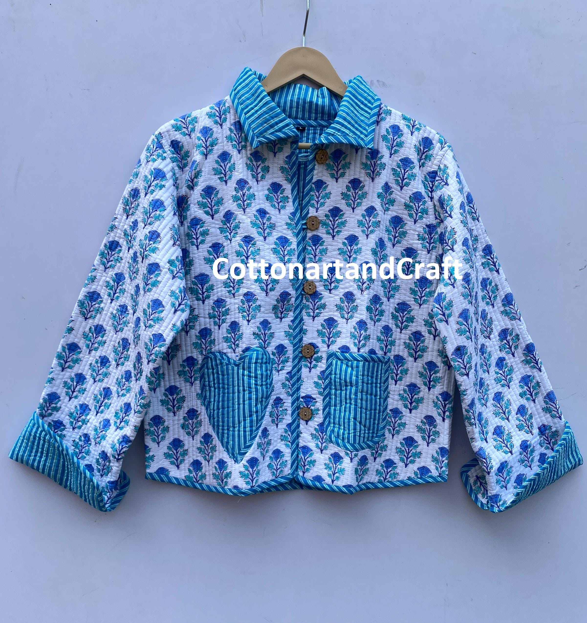 ブロックプリントコットンキルティングハンドメイドジャケット：ブルー