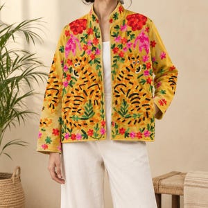 Mustard Velvet Sujani Jacket, Tiger Embroidered Coat, Floral Boho Jacket, Indian Handmade Statement Jacket with Pockets