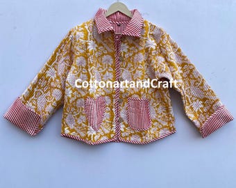 Block Print Cotton Quilted Short Jacket:  Yellow Red Floral Printed Partywear Coat