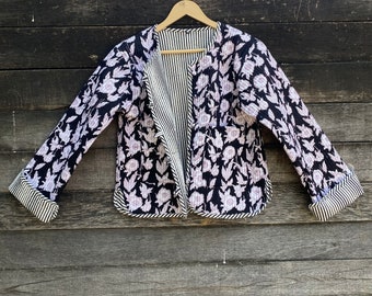 Quilted Jacket Floral Printed Boho Style Cotton Reversible Handmade Jackets, Coat Holidays Gifts Button Closer Jacket Women Gift