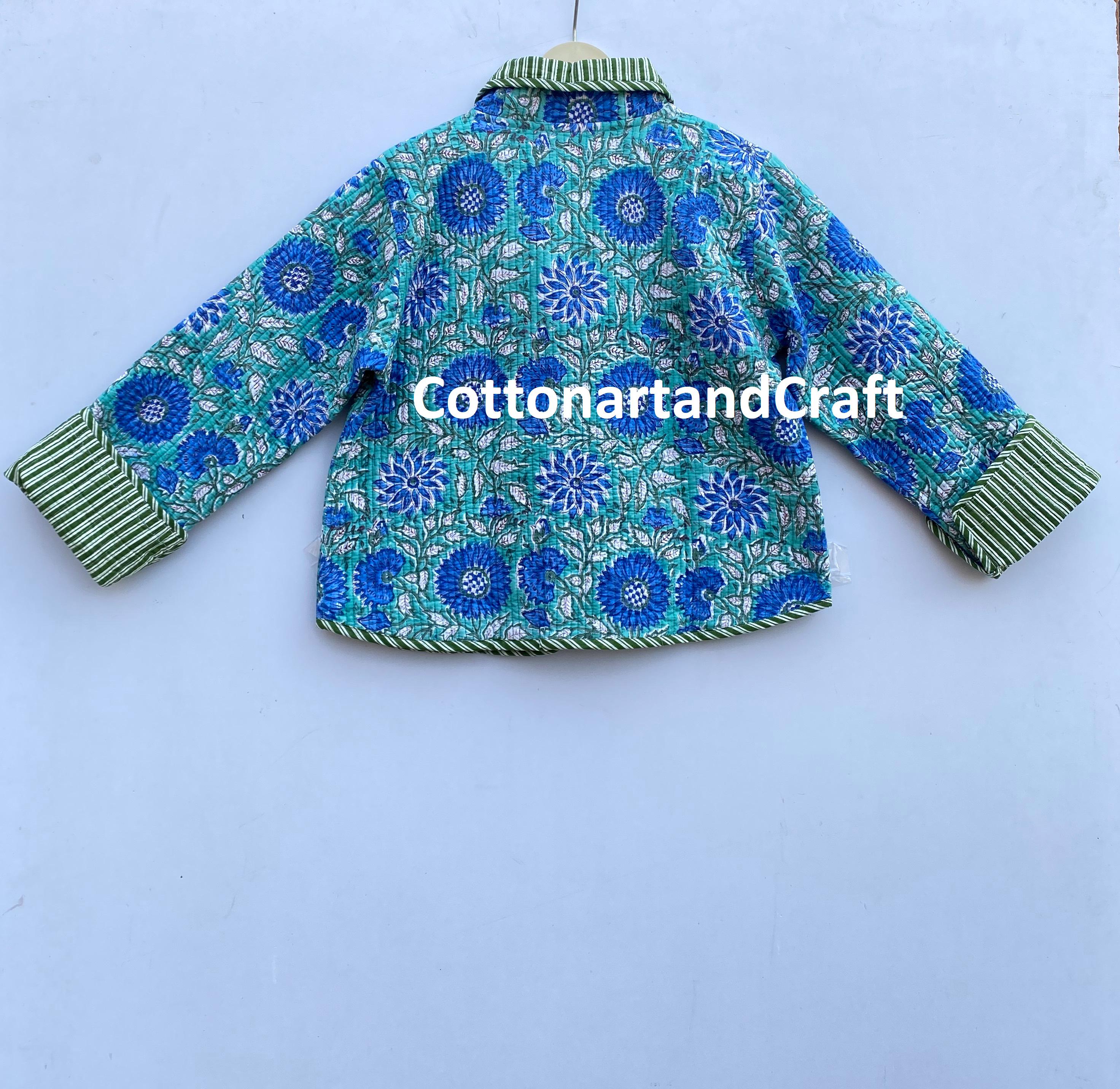 Handmade Block Print Cotton Quilted Jacket: Blue Grey Floral