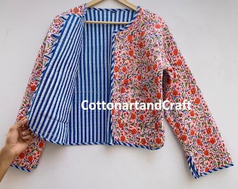 Block Print Quilted Cotton Jacket - Floral Printed Handmade Short Jacket