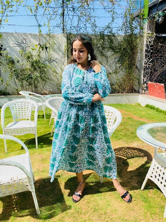 indian cotton voile dresses Hand Printed Cotton Voile Summer Dress | India | Hill Station Ash Tangiers Blue
