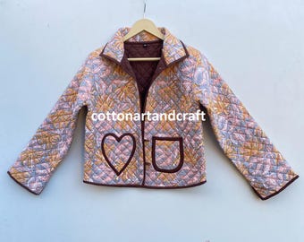 Indian Handmade Cotton Quilted Jacket, Block Print Reversible Coat