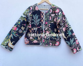 Handmade Cotton Patchwork Quilted Jacket: Reversible Floral Coat