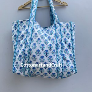 Sac fourre-tout en coton matelassé imprimé à la main, respectueux de l'environnement, durable, robuste, sac fait main, sac fourre-tout à imprimé d'oiseaux, sac indien
