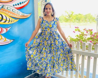 Floral Block Print Cotton Dress, Blue Lightweight Summer Wear Dress