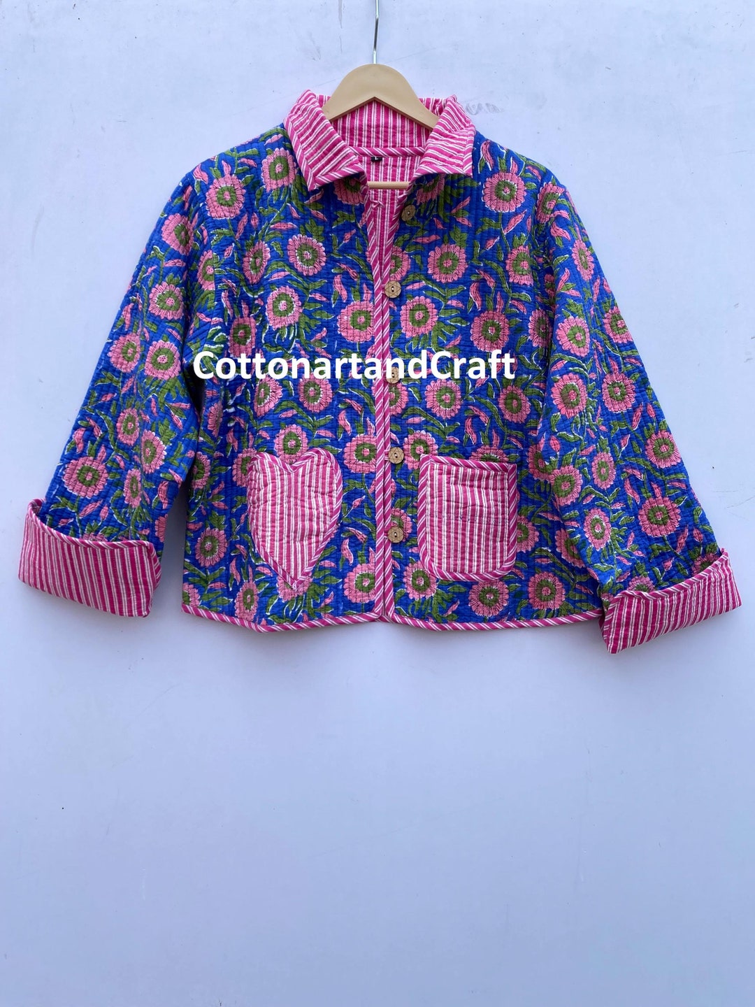 Handmade Quilted Cotton Floral Jacket: Blue Pink Stylish Short