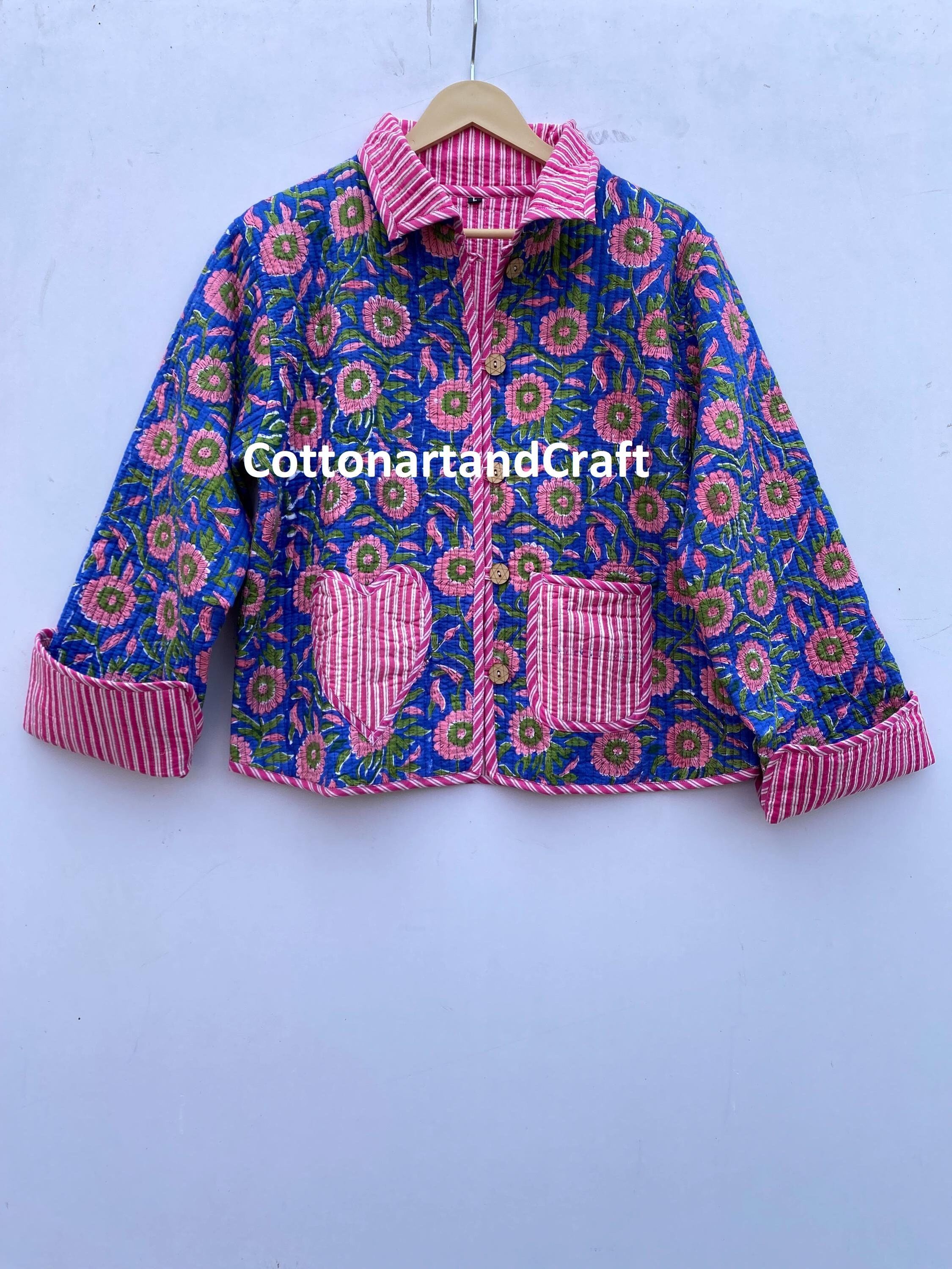 Handmade Quilted Cotton Floral Jacket: Blue Pink Stylish Short