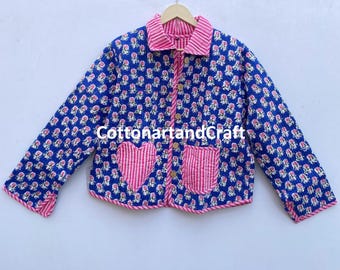 Handmade Cotton Quilted Stylish Short Jacket: Pink Blue Floral Print Partywear Jacket