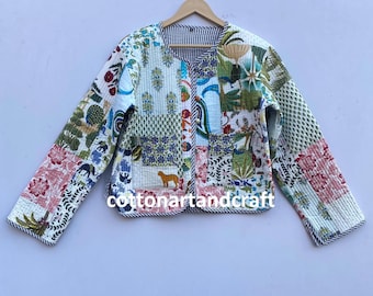 Floral Patchwork Quilted Cotton Jacket:  Patchwork Print  Handmade Indian Style