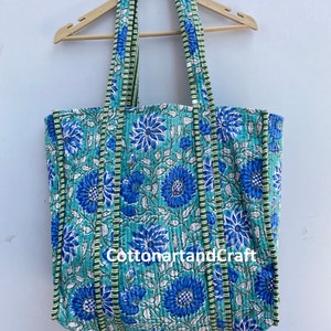Bolso de mano 100 % algodón con estampado floral verde, bolso de tela de algodón, bolso acolchado, bolso de algodón con estampado de bloques, bolso de mano para mujer