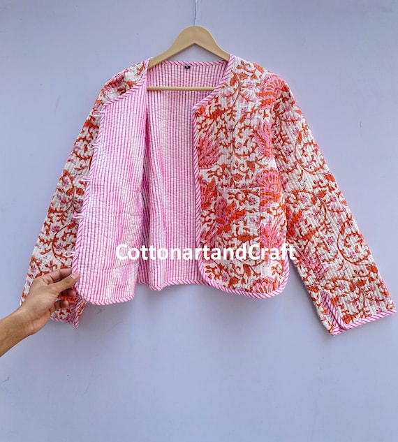 Floral Print Reversible Cotton Quilted Jacket, Handmade Indian Jacket