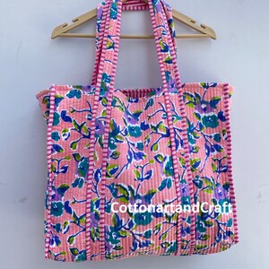 Bolsa de algodón con estampado de bloques Bolsa de algodón con estampado floral rosa Bolsa de tela de algodón Bolsa acolchada Bolso de mano para mujer