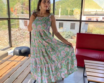 Hand Block Print Cotton Summer Dress, Green Floral Sleeveless Maxi